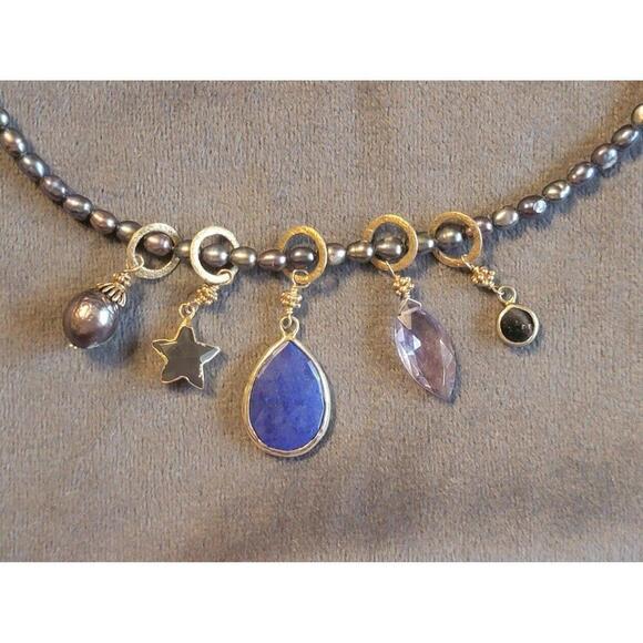 Beautiful Grey Pearl And Lapis Lazuli Necklace / Interchangable charms - Picture 2 of 5